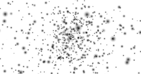 Black blurred circles bokeh flying on white background. Motion animation of blurred circles. Defocused effect. Horizontal composition, 4k video quality