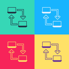 Poster - Pop art Online working icon isolated on color background. Freelancer man working on laptop at his house. Remote work. Distant job concept. Vector