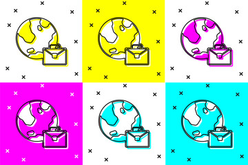 Poster - Set Online working icon isolated on color background. Freelancer man working on laptop at his house. Remote work. Distant job concept. Vector