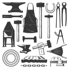 Blacksmith metalwork workshop tools vector icons. Sledgehammer, chain and horseshoe, anvil, apron and forge, vise, blacksmithing tongs and pliers, hammer in hand, nail header, bellows and swage block