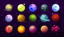 Alien Planets And Stars, Vector Fantasy Space Galaxy. Cartoon Elements Of User Interface Or Gui, Alien Galaxy Universe Planets With Surfaces Of Ice, Craters And Magma, Orbit Rings, Asteroids, Meteors