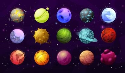 Poster - Alien planets and stars, vector fantasy space galaxy. Cartoon elements of user interface or gui, alien galaxy universe planets with surfaces of ice, craters and magma, orbit rings, asteroids, meteors