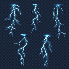 Lightnings and thunder bolts of thunderstorm on transparent background. Realistic vector storm lightning strikes and thunderbolts with electric flashes, light, glow and sparkle effects, weather