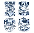 Fishing club t-shirt prints, sea fish on rod hook, fishers tee vector icons. Ocean tuna big catch, river pike and salmon fishes, Colorado river and North lake marine sport t-shirt prints with quotes
