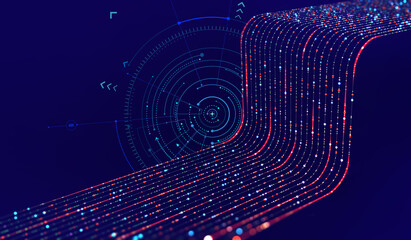 Business and digital technologies. Data flow in a secure system. Analytics and strategy of innovative development. 3D illustration of network structures, guides and nodes of information accumulation