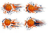 Orange basketball vector sport grunge banners. Game competition, team club and championship. Rubber balls of basketball player equipment on blue and orange grunge background with paint splashes, stars
