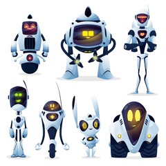 Poster - Robots and android bots, cartoon toy characters, vector AI cyborgs. Robot cyborg machines with digital artificial intelligence and mechanical arms, computer game robotic droid creatures on wheels