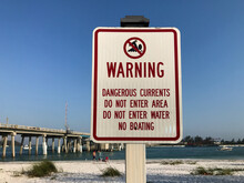 Warning Dangerous Current Sign On A Manatee County Florida Beach