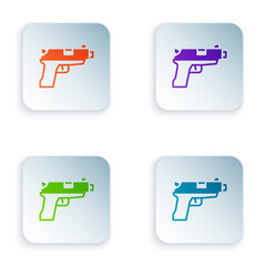 Poster - Color Pistol or gun icon isolated on white background. Police or military handgun. Small firearm. Set colorful icons in square buttons. Vector