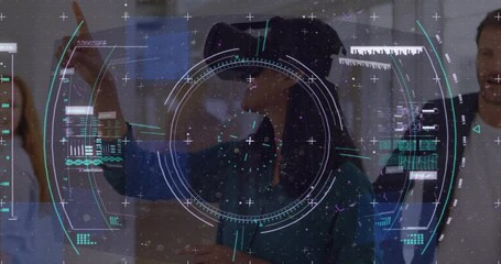 Poster - Data processing and scope scanning over woman wearing vr headset gesturing at office