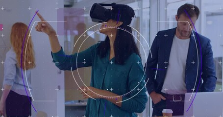 Poster - Animation of scope scanning over businesswoman wearing vr headset and moving her hands