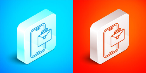 Aufkleber - Isometric line Freelancer icon isolated on blue and red background. Freelancer man working on laptop at his house. Online working, distant job concept. Silver square button. Vector