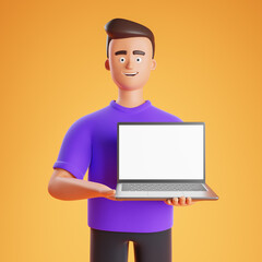 Portrait smile cartoon character man show laptop with blank mock up screen  over yellow background.