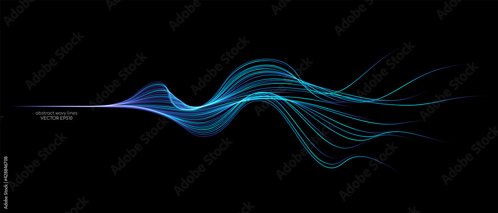 Vector wave lines flowing dynamic in blue green colors isolated on black background for concept of AI technology, digital, communication, science, music - obrazy, fototapety, plakaty 