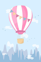  Hot Air Balloon, clouds and mountains. pink and blue colors, children room decoration, poster