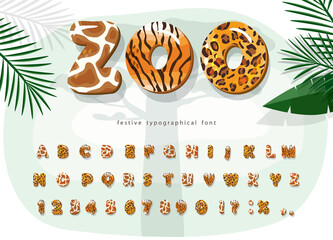 Wall Mural - Zoo animals cartoon font. Jaguar, cheetah, tiger, giraffe fur print alphabet. Jungle adventure letters and numbers. For kids clothes, t shirt, birthday card. Vector