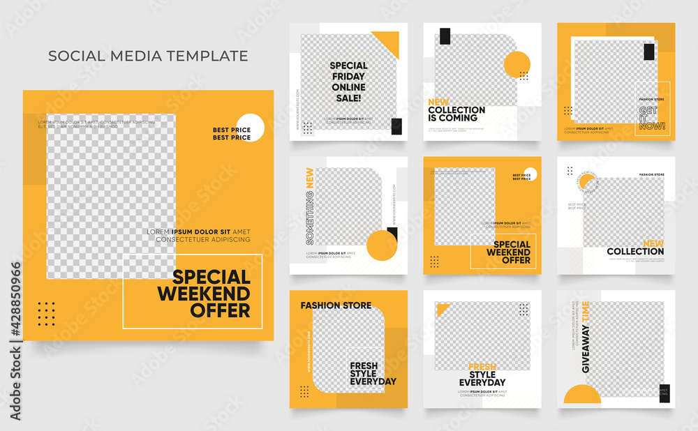 social media template banner blog fashion sale promotion. fully editable instagram and facebook square post frame puzzle organic sale poster. fresh yellow element shape vector background - obrazy, fototapety, plakaty 