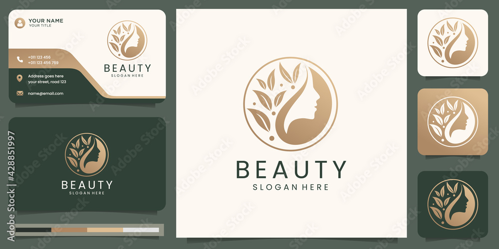 Woman logo with beauty circle concept design and business card template ...