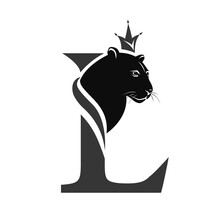 Capital Letter L With Black Panther. Royal Logo. Cougar Head Profile. Stylish Template. Tattoo. Creative Art Design. Emblem  For Brand Name, Sports Club, Printing On Clothing. Vector Illustration