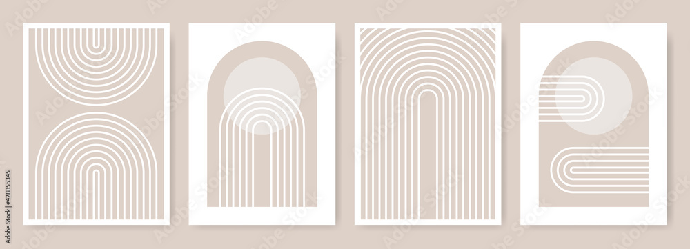Arches abstract posters. Arc print set in minimalistic style. Boho home decor of circles and lines in pastel colors. Rainbow wall art illustrations. - obrazy, fototapety, plakaty 