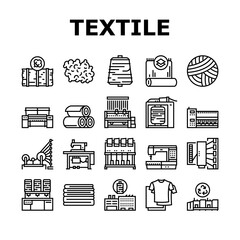 Wall Mural - Textile Production Collection Icons Set Vector. Silk Thread And Clothing Textile Production, Sewing Machine And Factory Industrial Equipment Black Contour Illustrations