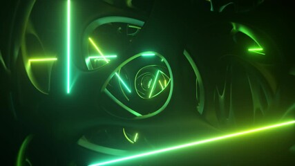 Poster - flying through an abstract alien structure illuminated by neon lights. modern ultraviolet lighting. 