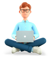 3D illustration of smiling man with laptop sitting on the floor in yoga lotus position. Cartoon businessman, freelancer using social networks, online working. Workplace concept.