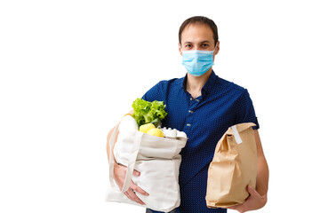 Wall Mural - Delivery man in protective mask at coronavirus season. Man isolated on white background