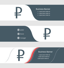 Set of blue grey banner, horizontal business banner templates. Banners with template for text and ruble symbol. Classic and modern style. Vector illustration on grey background