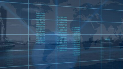 Poster - Data processing and grid network over world map and globe against cityscape