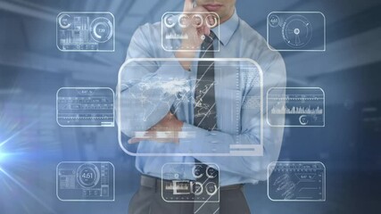Poster - Digital interface with data processing against mid section of business touching futuristic screen