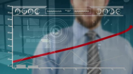Poster - Digital interface with data processing over businessman drawing with marker on futuristic screen
