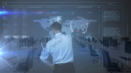 Poster - Digital interface with data processing over businessman touching futuristic screen against office