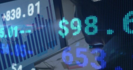 Poster - Stock market data processing against caucasian man using laptop at office