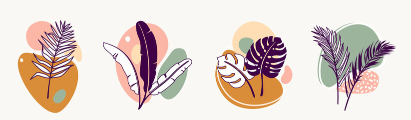Aufkleber - Abstract organic shapes with tropical plants vector set. Minimal art design. Foliage drawing with fluid geometric forms, dots and lines