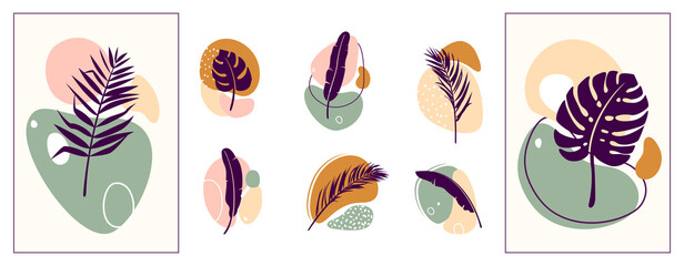 Aufkleber - Abstract organic shapes with tropical plants vector set. Minimal art design. Foliage drawing with fluid geometric forms, dots and lines
