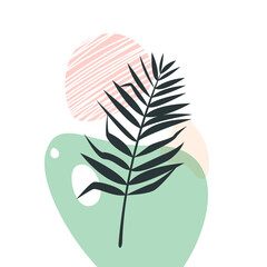 Aufkleber - Abstract organic shapes with tropical plants vector set. Minimal art design. Foliage drawing with fluid geometric forms, dots and lines
