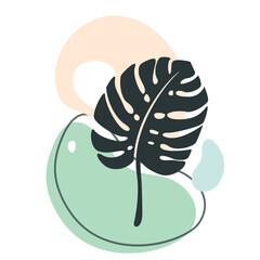 Aufkleber - Abstract organic shapes with tropical plants vector set. Minimal art design. Foliage drawing with fluid geometric forms, dots and lines