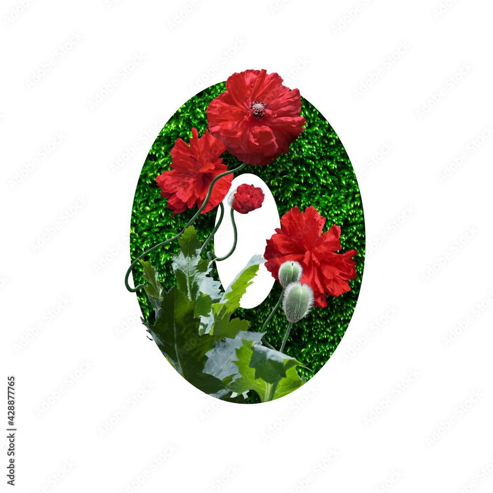 realistic floral design font, high res number 0 isolated on white background