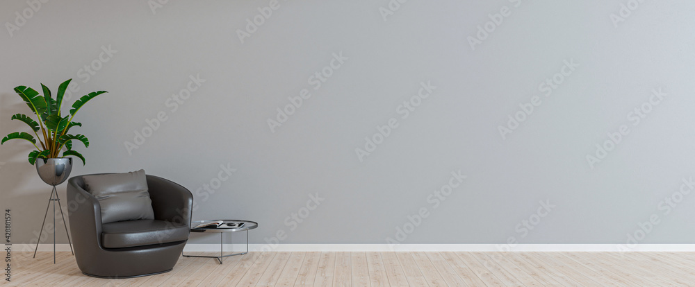 Empty room with armchair on empty gray wall background. Modern minimalist interior with armchair, plant and a table . 3d rendering. - obrazy, fototapety, plakaty 
