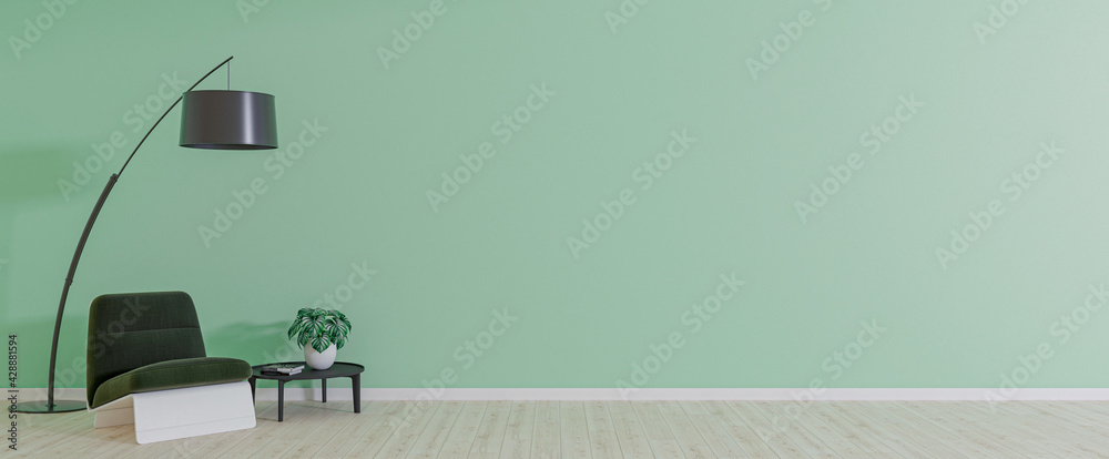 Empty room with armchair on empty green wall background. Modern minimalist interior with armchair, plant, table and a lamp. 3d rendering. - obrazy, fototapety, plakaty 