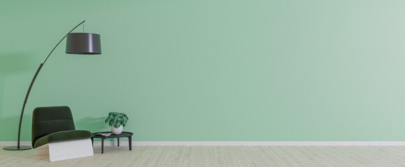 Empty room with armchair on empty green wall background. Modern minimalist interior with armchair, plant, table and a lamp. 3d rendering.