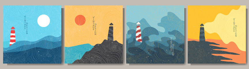 Vector illustration. Minimalist contemporary painting landscapes. Japanese pattern overlay. Modern graphic art. Hand drawn design elements for social media template, banner. Lighthouse by the sea