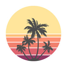 Retro Vintage Sunset In 80s-90s Style. Black Silhouettes Of Palm Trees. Striped Circle. Vector Design Template For Logo, Badges, Banners, Prints. Isolated White Background.
