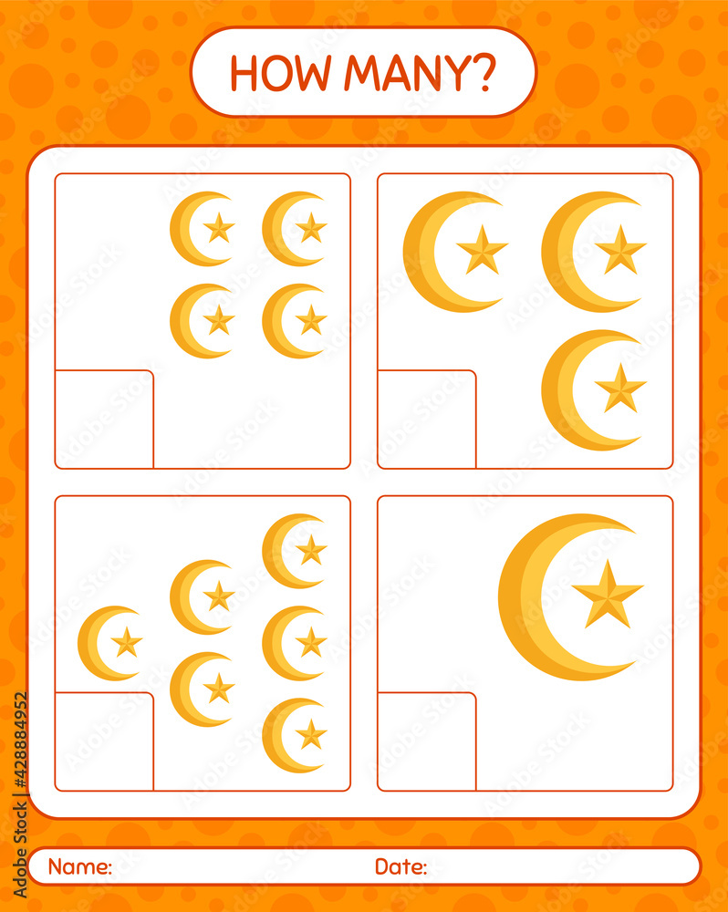How many counting game with moon and star. worksheet for preschool kids ...