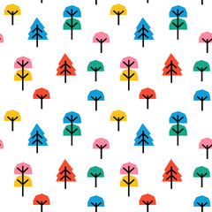 Wall Mural - Seamless childrens pattern with abstract colorful collage tree. Vector background