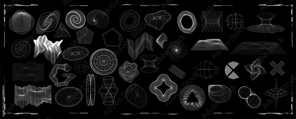 Abstract shapes collection is a trending mixture modern diverse design elements,  geometric shapes. Cyberpunk retro futurism set, vaporwave. Memphis design elements for web, advertisement,posters - obrazy, fototapety, plakaty 