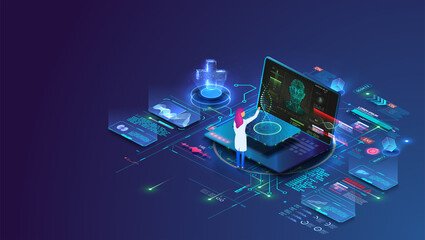 Poster - online doctor and medical consultation. pharmaceutical research laboratory with scientists working t