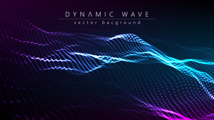 Poster - Wave of particles. Dynamic wave. Futuristic point wave. Big data technology background .Vector illustration