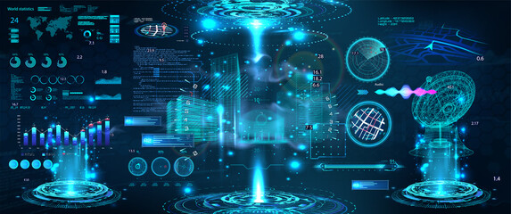 Poster - Advance control center with HUD UI. Building Information Modeling with Futuristic User Interface. Smart technology IOT for city and buildings. Scifi 3D hologram models with HUD. Vector illustration